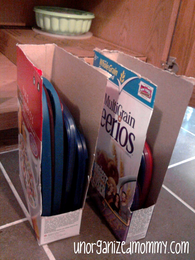 Save cereal boxes and use them to store your plastic lids.