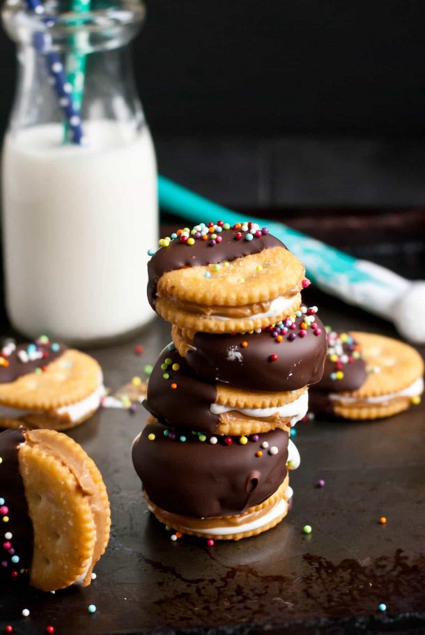 Chocolate Dipped Fluffernutter Ritz Cookies