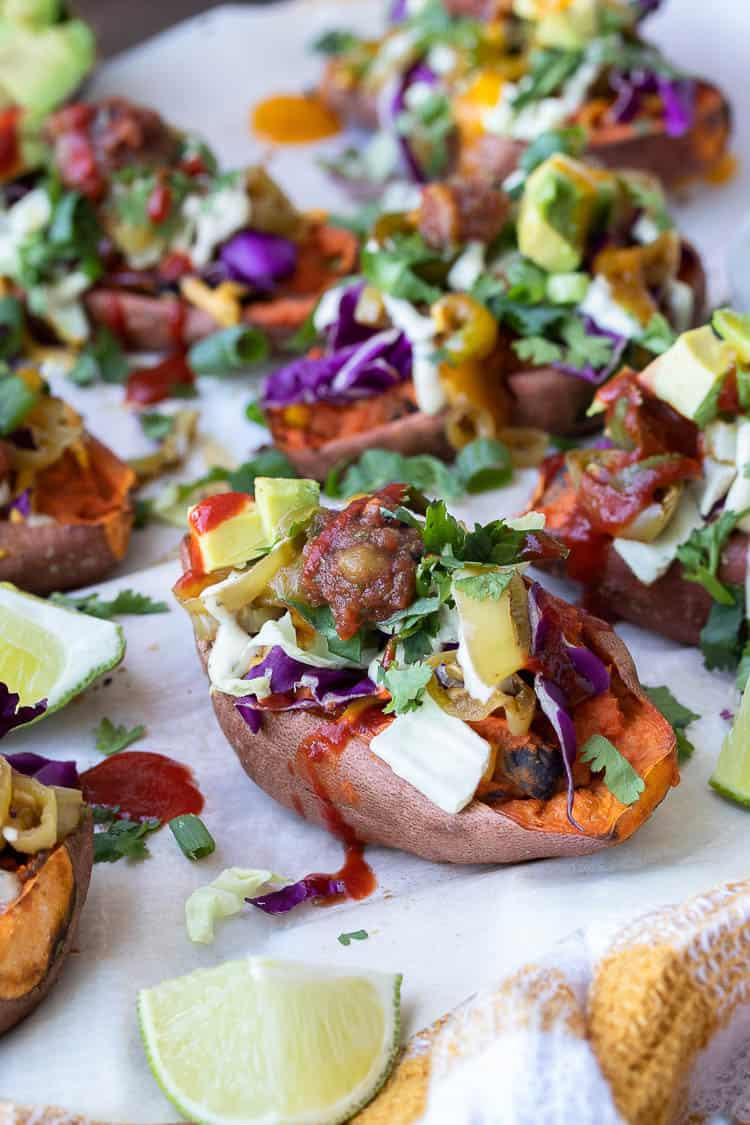 HEALTHY TWICE BAKED VEGAN SWEET POTATO SKINS BY VEGGIES DON’T BITE