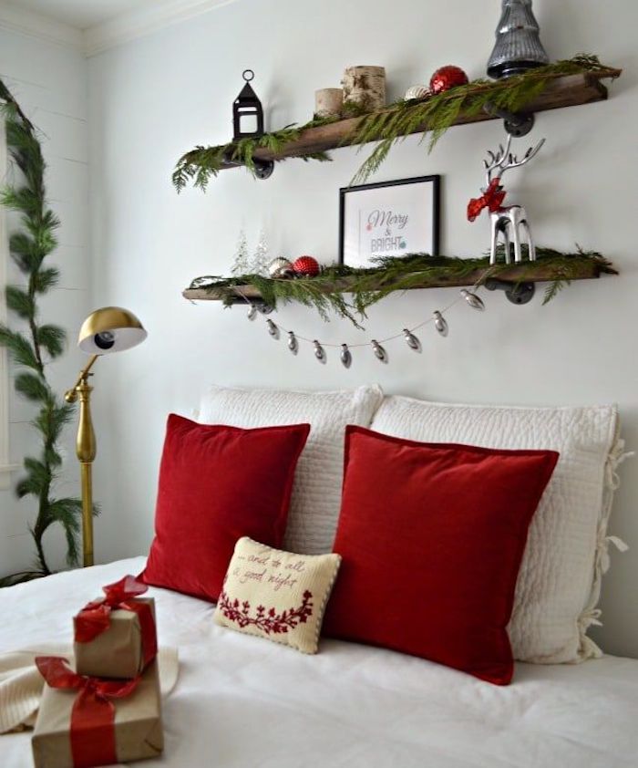 Red and Green Holiday Bedroom Decor.