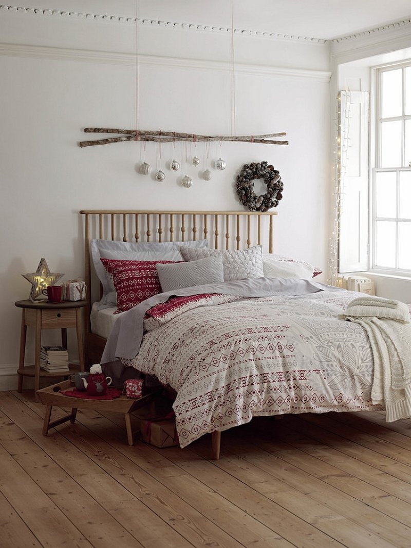 Scandinavian Christmas bedroom decor.