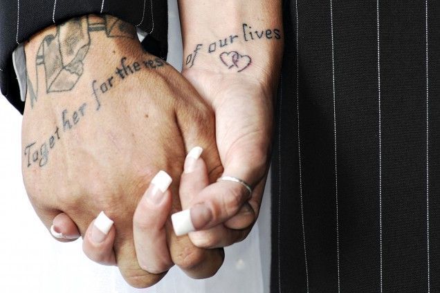 This unique wrap around tattoo only has meaning when you hold hands.