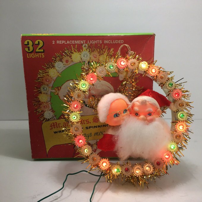 Vintage Mr. & Mrs. Santa Claus Flashing Lights Christmas Tree Topper.