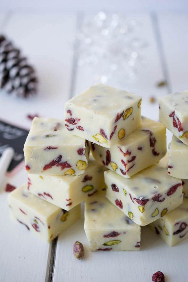 White Chocolate Cranberry Pistachio Fudge